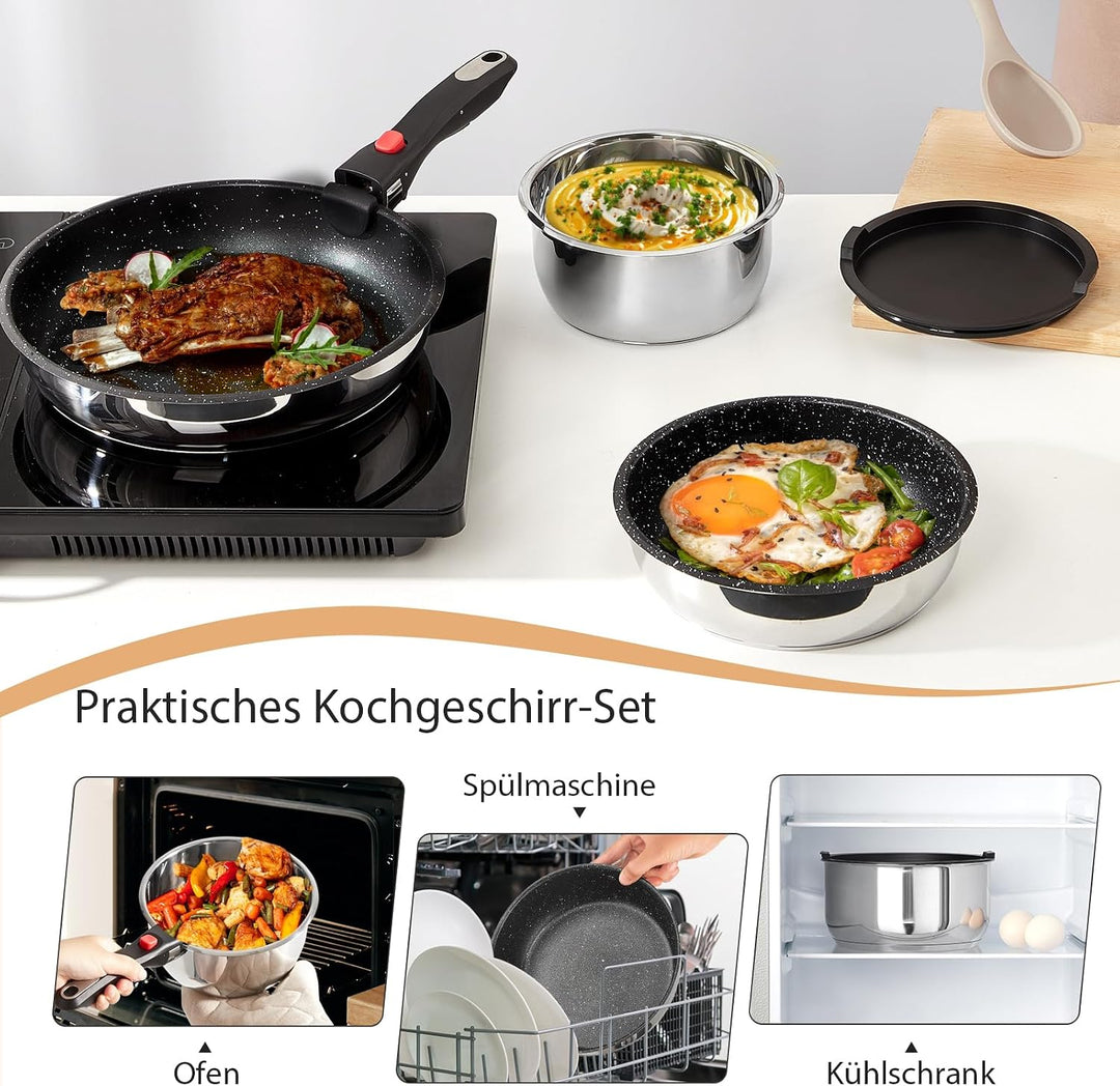 Töpfe und Pfannenset mit Abnehmbarer Griff, 7-Teilig Topfsets Induktion | Edelstahl PFAS-freie Antih