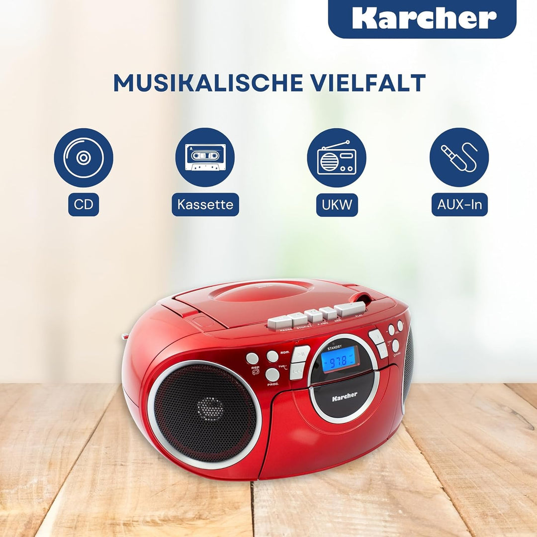 Karcher RR 5042-R tragbares CD Radio/Boombox mit CD-Player und Kassettenspieler (UKW, Batterie-/Netz