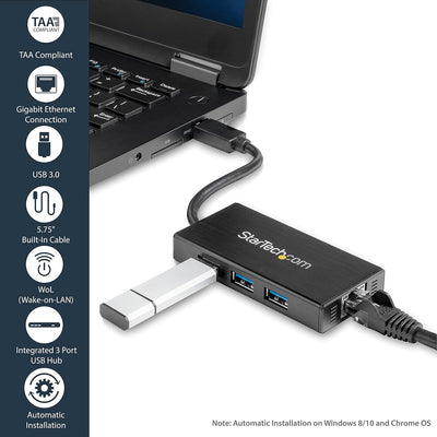 StarTech.com 3 Port USB 3.0 Hub mit Gigabit Ethernet Adapter aus Aluminium - Kompakter USB3 Hub mit