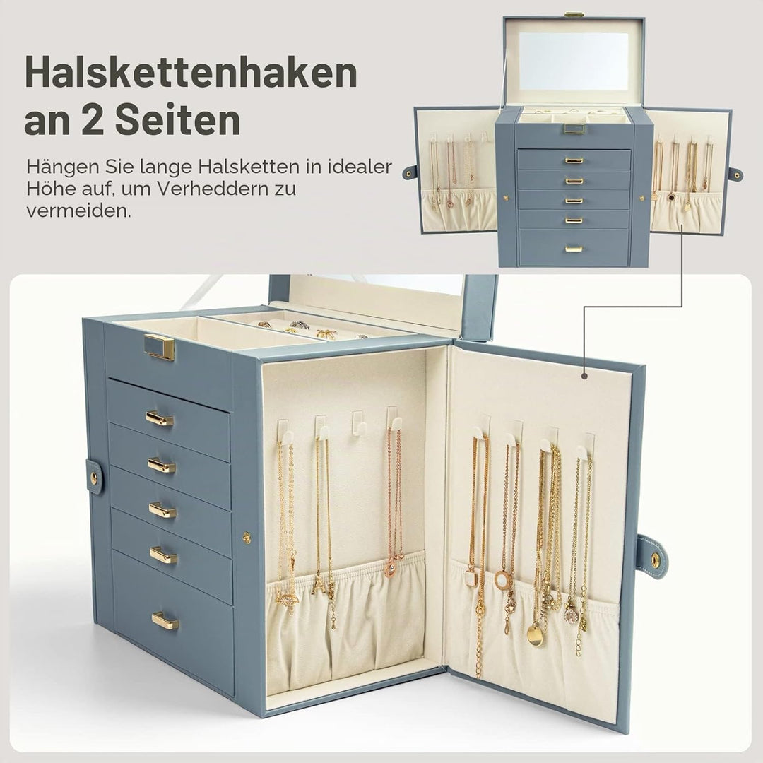 KAMIER Schmuckkästchen für Damen, grosse Schmuckschatulle mit 6 Ebenen, Schmuckbox mit Spiegel und 5