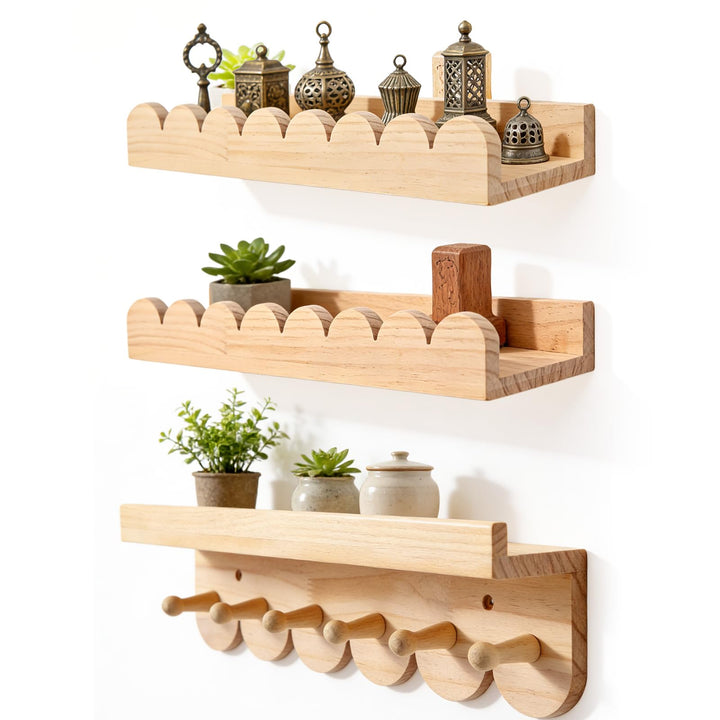 GBKDQQ 3er Bücherregal Kinder Wand Set, 40cm Wandregal Kinderzimmer mit Holzhaken, Holz Wandregal Bü