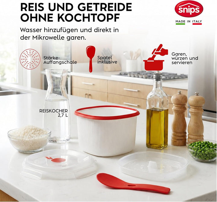 Snips | Set 5-teilig Mikrowellenbehälter | Dampfgarer 4 L, Dampfgarer 2 L, Reiskocher, Eier- und Ome