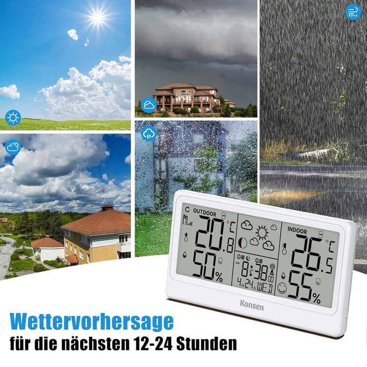 Funk-Wetterstation mit Aussensensor – DCF Funkuhr, Digitales Thermo-Hygrometer (Batteriebetrieb) für