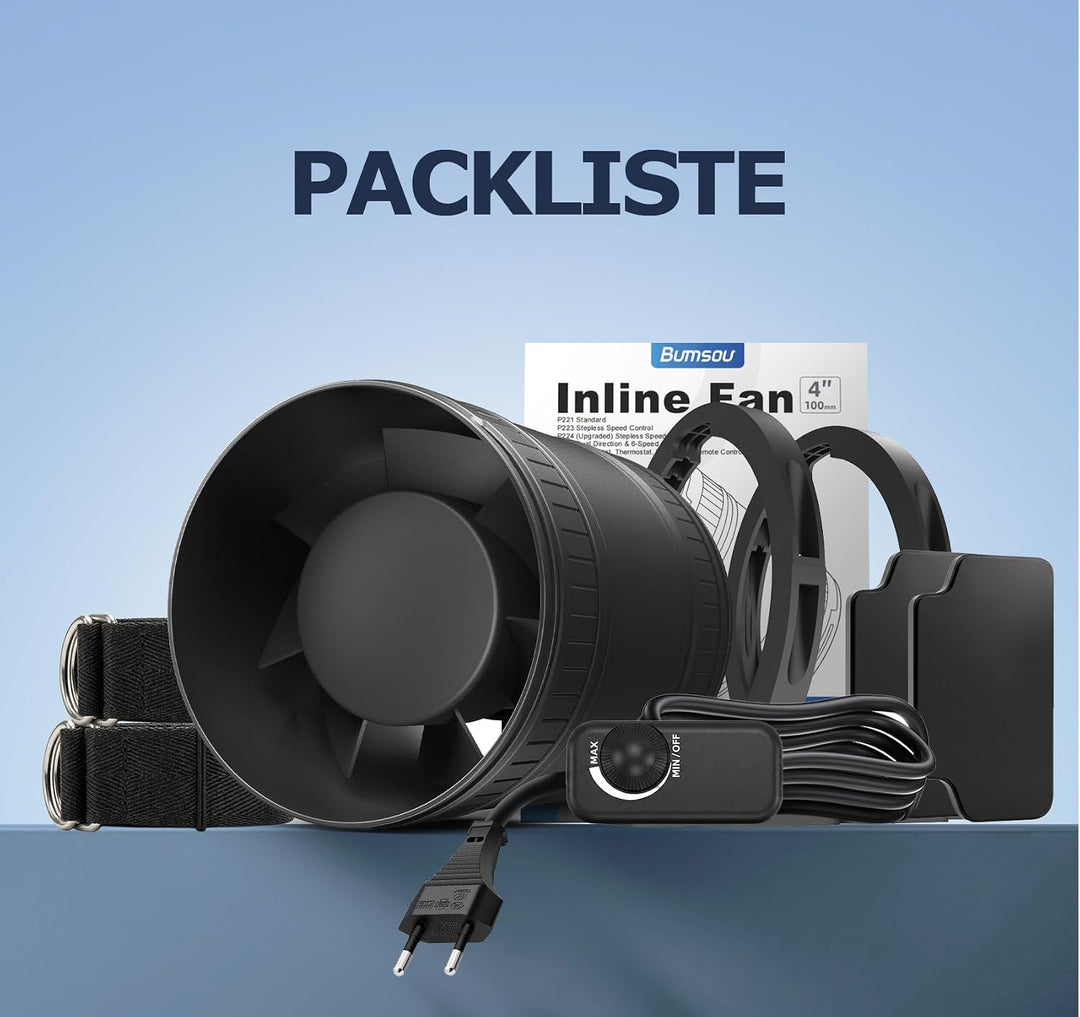 Rohrventilator 100 mm Regelbare Geschwindigkeit, 80-310 m³/h Rauchabzug Ventilator, Rohrlüfter Leise