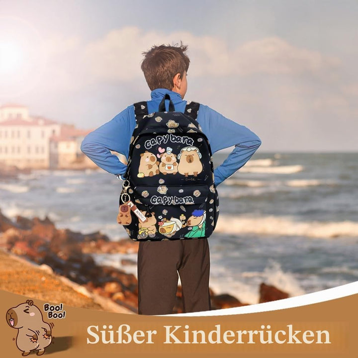 Capybara Rucksack Set - Schulrucksack Grosse Kapazität mit Capybara Federmäppchen, Stiften & Schlüss