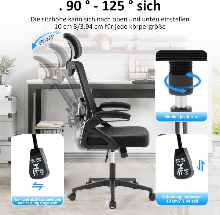 Fizzin Ergonomischer Gaming Bürostuhl Schwarz Schreibtischstuhl mit Verstellbarer Lendenstütze und K
