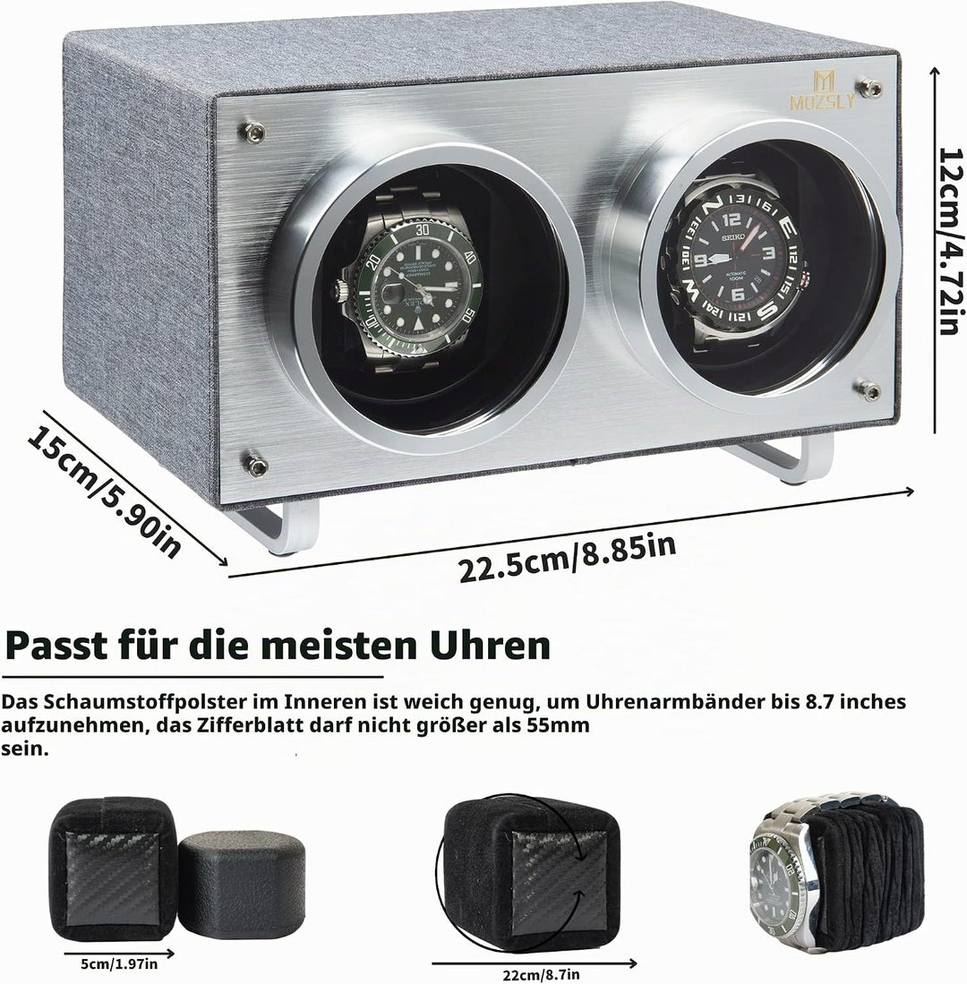 MOZSLY Doppel Uhrenbeweger für Automatikuhren mit leisem Motor Grau Hanf Baumwoll Gewebe, Grau