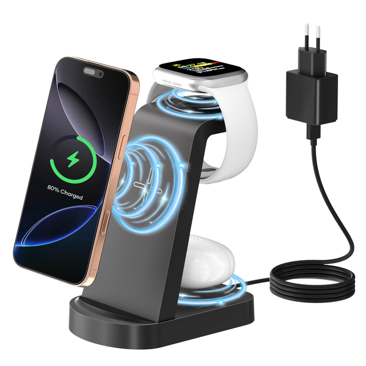 Kabellose Ladestation,3 in 1 Ladestation Kabelloses Ladegerät(Mit 18W Adapter) Wireless Charger komp
