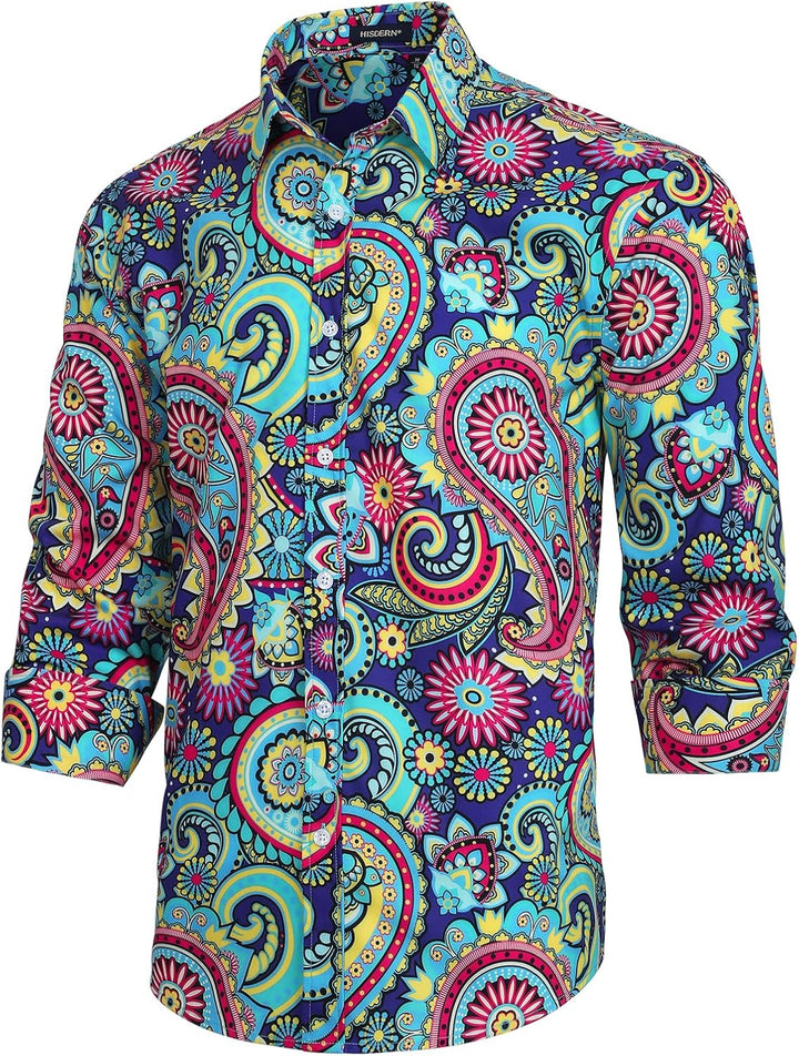 HISDERN Herren Paisley Hemd Langarm Satin Blumen Muster Hemd für Männer Jacquard Stickerei Freizeith