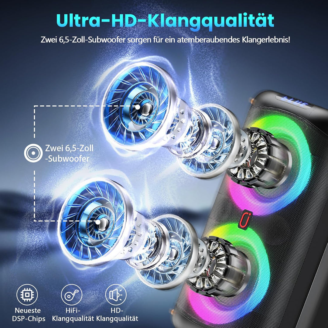 Karaoke Maschine, Tragbarer Bluetooth-Lautsprecher mit 2 drahtlosen Mikrofonen für Erwachsene, Karao