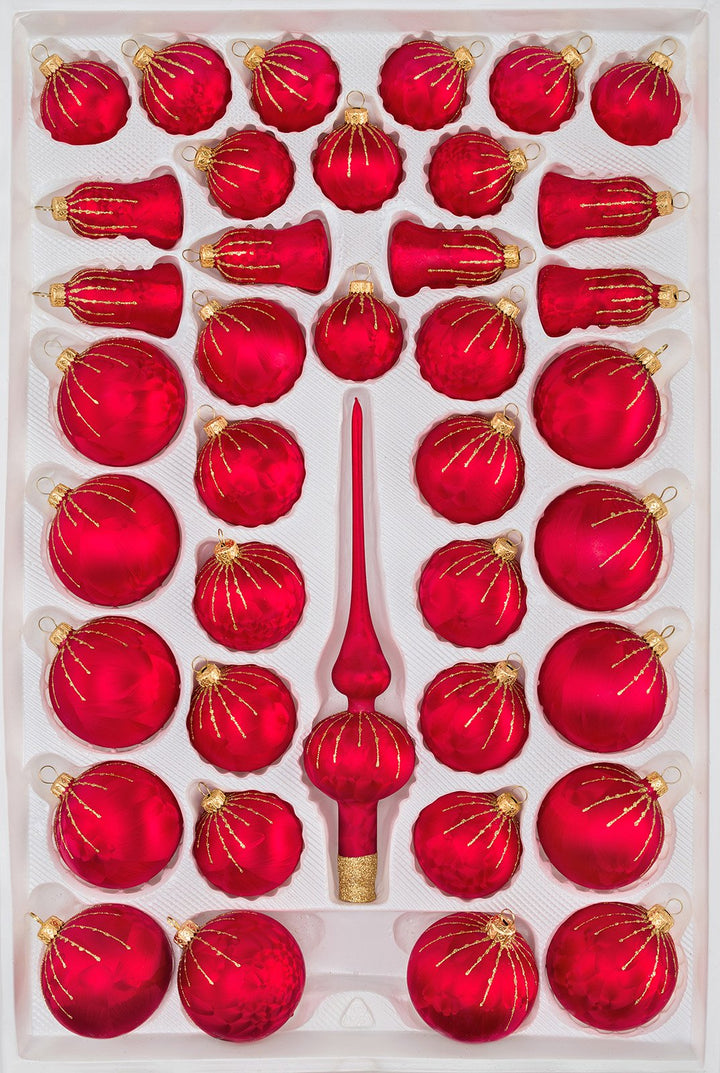 39 TLG. Glas-Weihnachtskugeln Set in Ice Rot Gold Regen- Christbaumkugeln - Weihnachtsschmuck-Christ