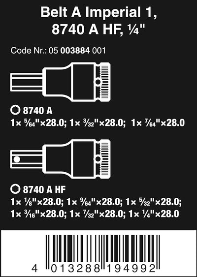 Wera 05003884001 Belt A Imperial 1 Zyklop Bitnuss-Satz Innensechskant, mit Haltefunktion, 1/4"-Antri