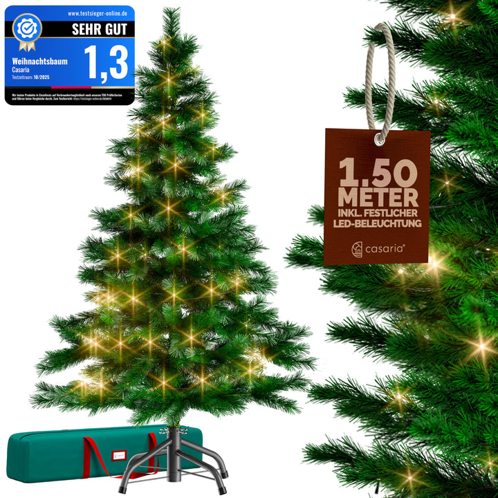 CASARIA® Weihnachtsbaum künstlich 150cm mit Lichterkette 100 LED warm weiss inkl. Metallständer 360