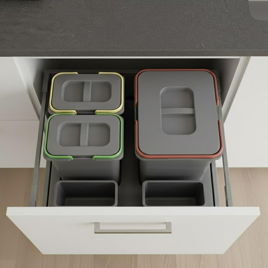Mülltrennsystem Küche für 60 cm Schrank 3-fach 52,5x49x30 cm (1x 15L + 2x 7L) mit Deckel Einbau Abfa