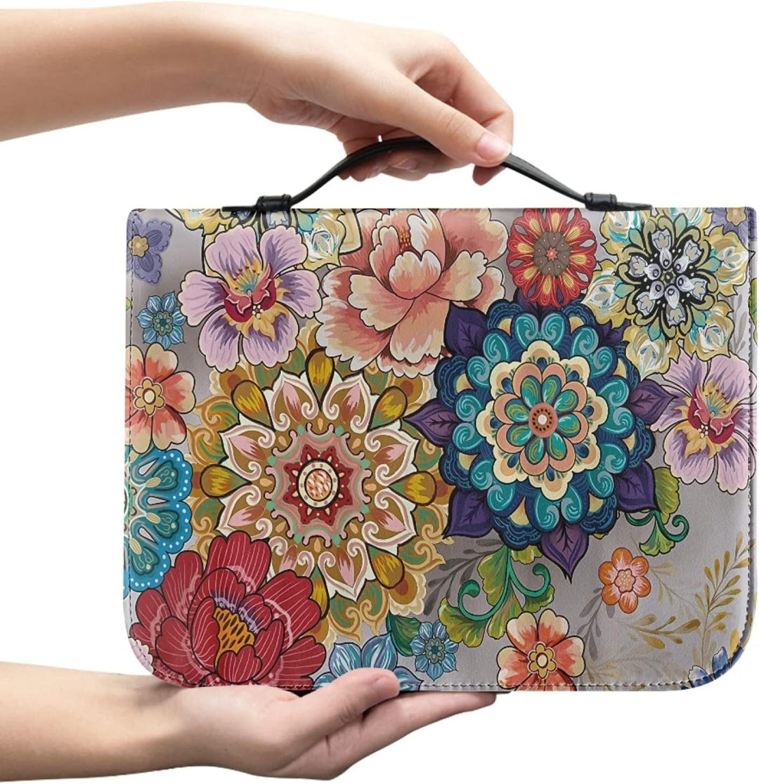 Kuiaobaty Bright Flowers PU Leder Bibeltasche mit Taschen, bunte Blumen-Buchhüllen mit Reissverschlu