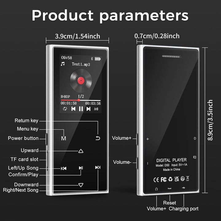 MP3 Player Bluetooth 5.3, MP3 Player mit Kopfhörer, Musikwiedergabe, FM Radio, Sprachrekorder, HiFi-
