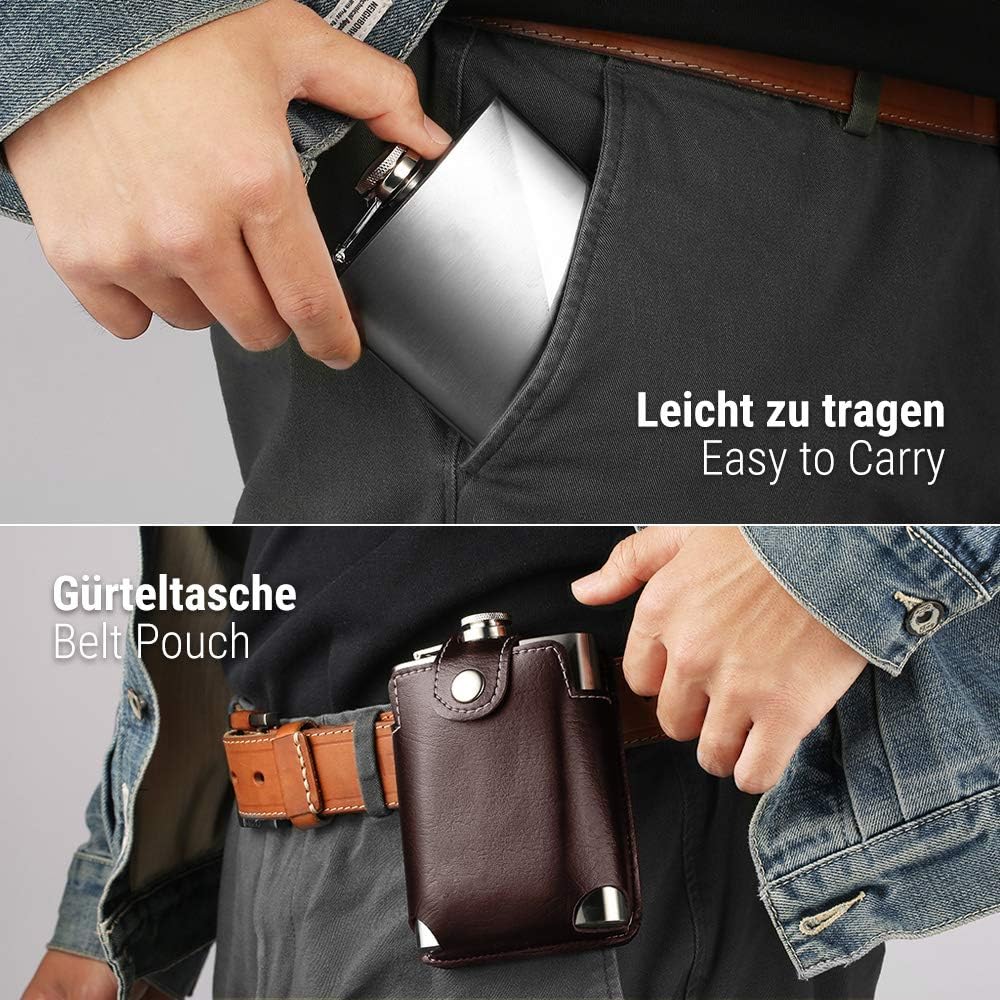 ecooe Edelstahl Flachmann 227ml/8oz mit Trichter und Braun Kunstledertasche, Whisky Flachman Set