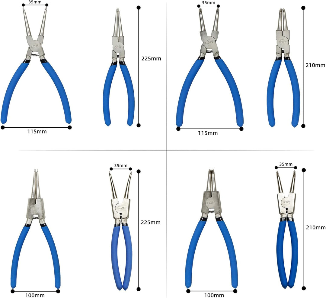 CCLIFE 4tlg Sprengringzangen Seegeringzange Set 225mm Zange Gerade & Gebogen für Sicherungsring Inne