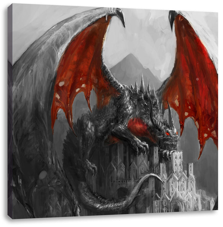 Dragon castle Schwarz/Weiss, Format: 70x70 auf Leinwand, XXL riesige Bilder fertig gerahmt mit Keilr