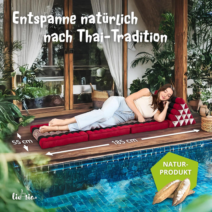 livasia Thaikissen 3 Auflagen extrahoch - 185x55x8cm - Dreieckskissen mit Klappmatratze, Kapok, Jumb