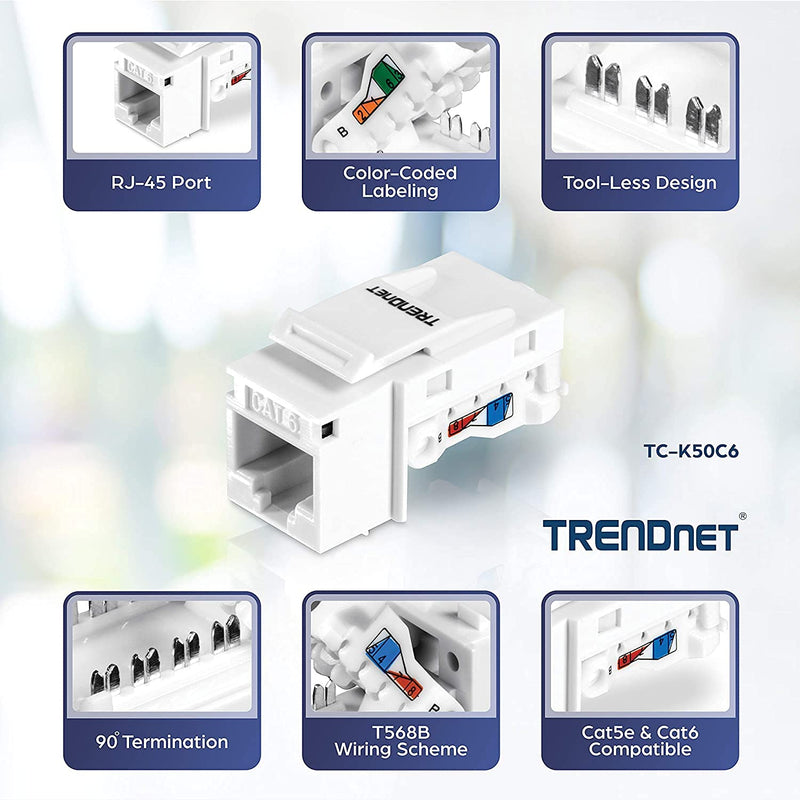 TRENDnet Kat6 Keystone Jack – 50er-Pack, 90° Winkelanschlussdesign, Farbcodierte Beschriftung für di