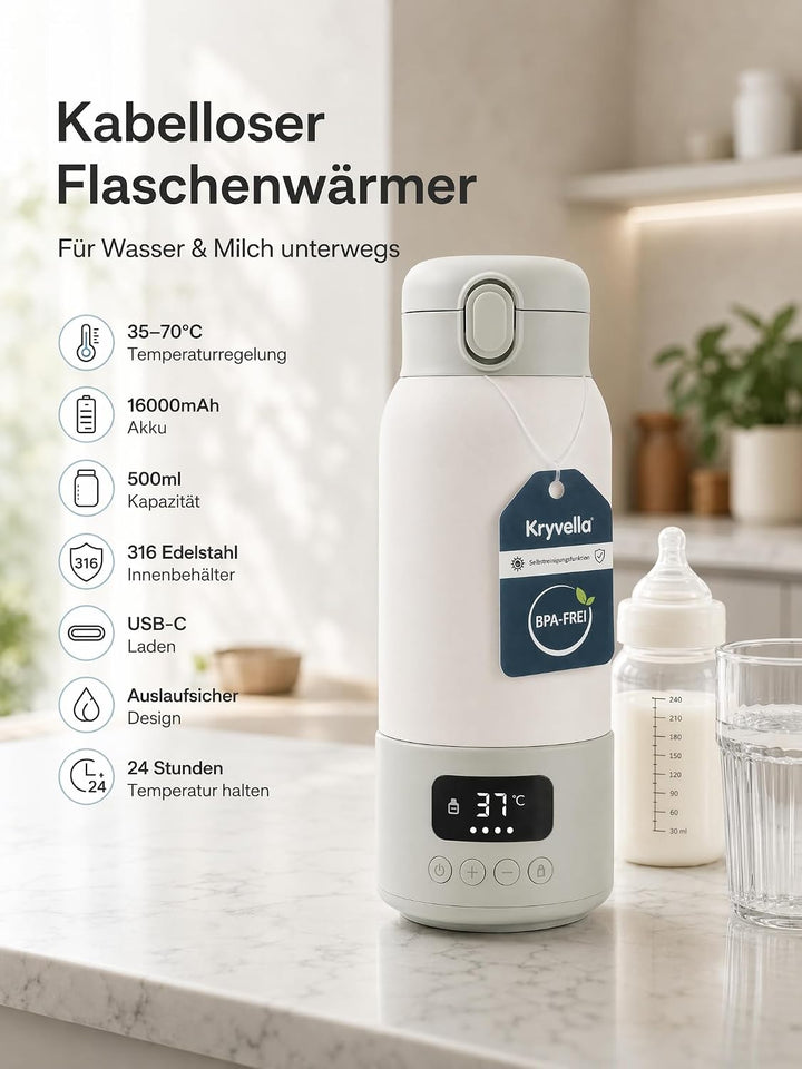 Tragbarer Flaschenwärmer Baby für unterwegs,500ml Kapazität,100W Schnellwärmung,24-Stunden-Konstantt