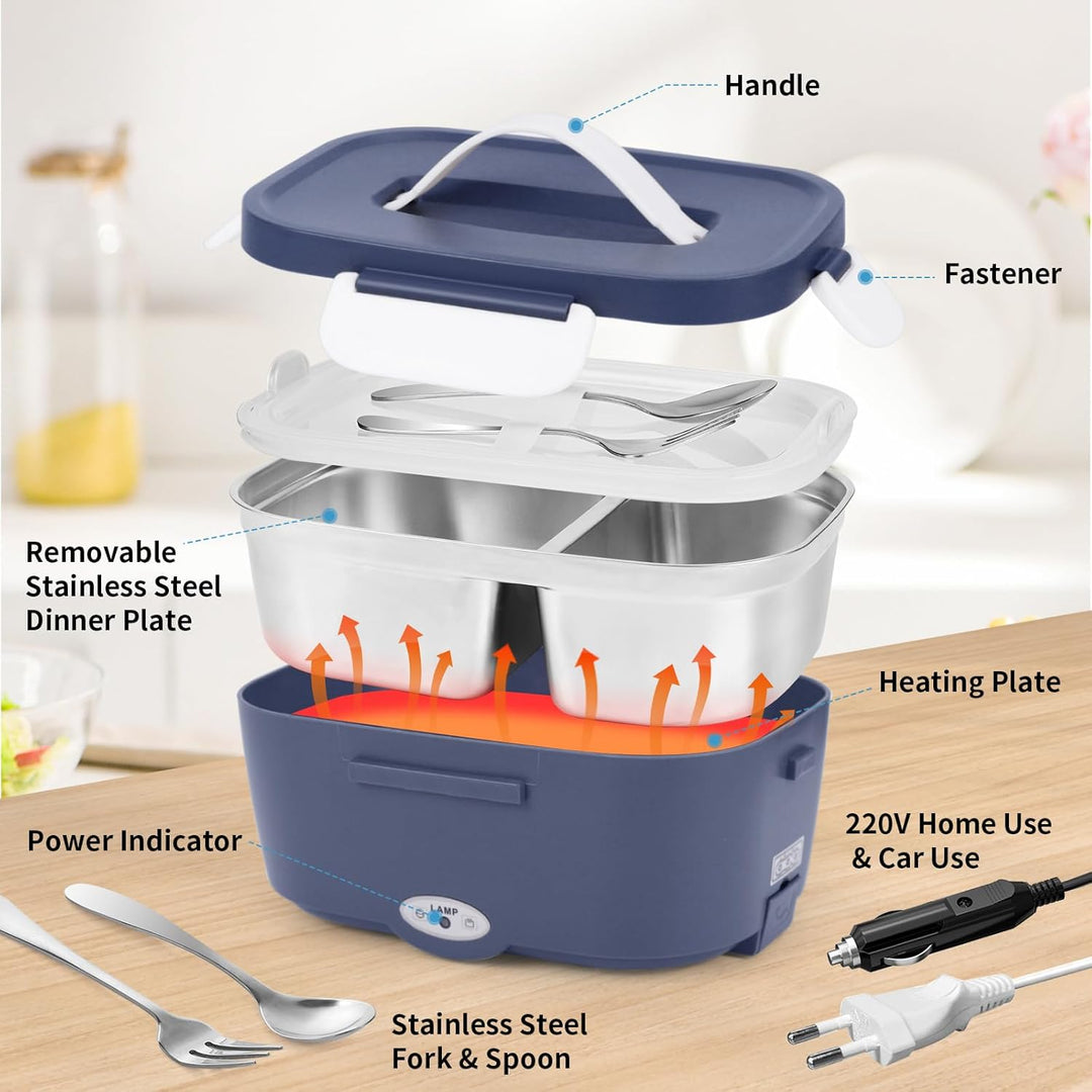 Elektrische Lunchbox Speisenwärmer Auto 3 In 1(12V/24V/220V) 1,5L mit Gabel Löffel, Abnehmbare Edels