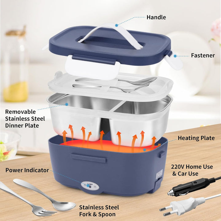 Elektrische Lunchbox Speisenwärmer Auto 3 In 1(12V/24V/220V) 1,5L mit Gabel Löffel, Abnehmbare Edels