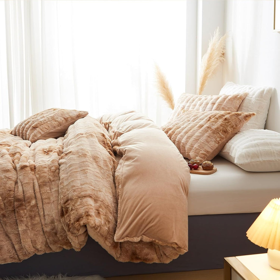 Freyamy Winter Bettwäsche 200x200 3tlg Braun Beige Gestreift,Warm Plüsch Langhaar Flauschig Bettwäsc