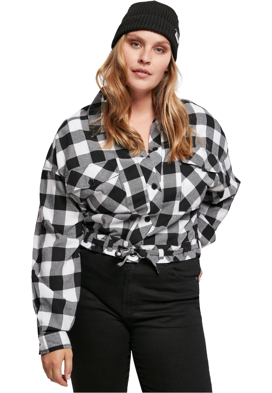 Urban Classics Damen Ladies Short Oversized Check Shirt Hemd XXL Grosse Grössen Extra Tall Black/Whi