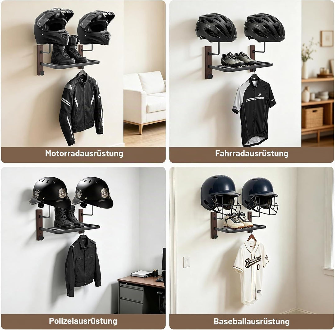 Motorradhelm Halterung, Helmhalter Wandmontage mit Ablage und 2 Helmständer für Motorrad Fahrrad Ren