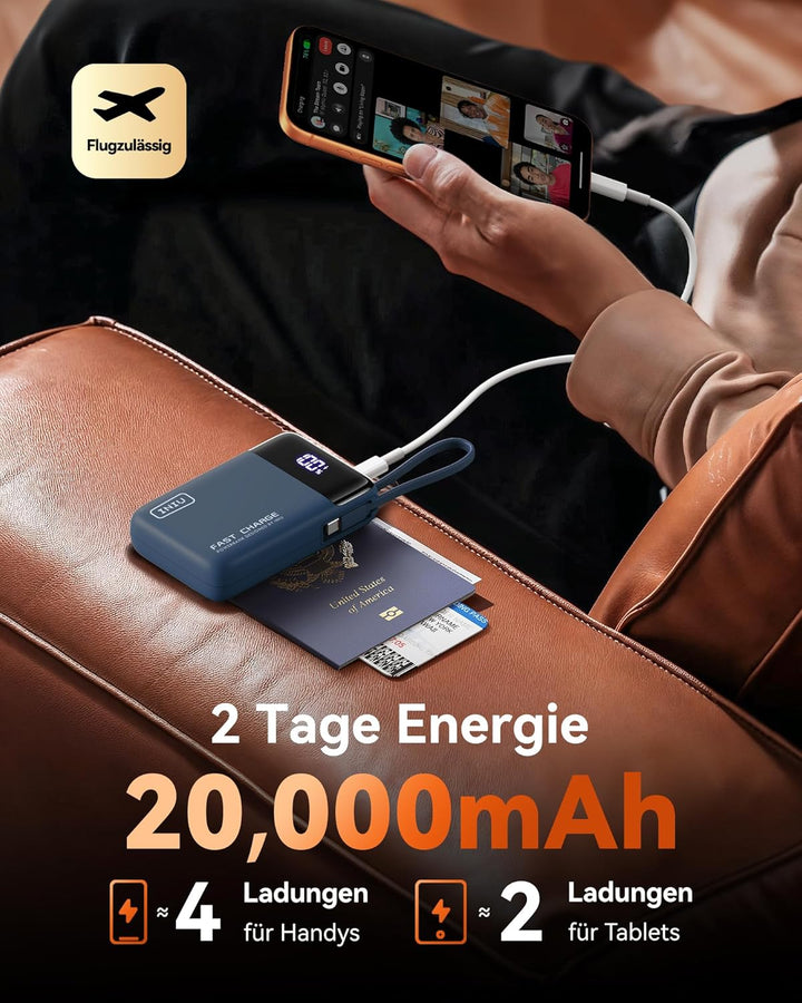 INIU 45W Power Bank, Ultra Klein 20000mAh Powerbank mit Integriertem USB C Kabel, Schnellladen Exter