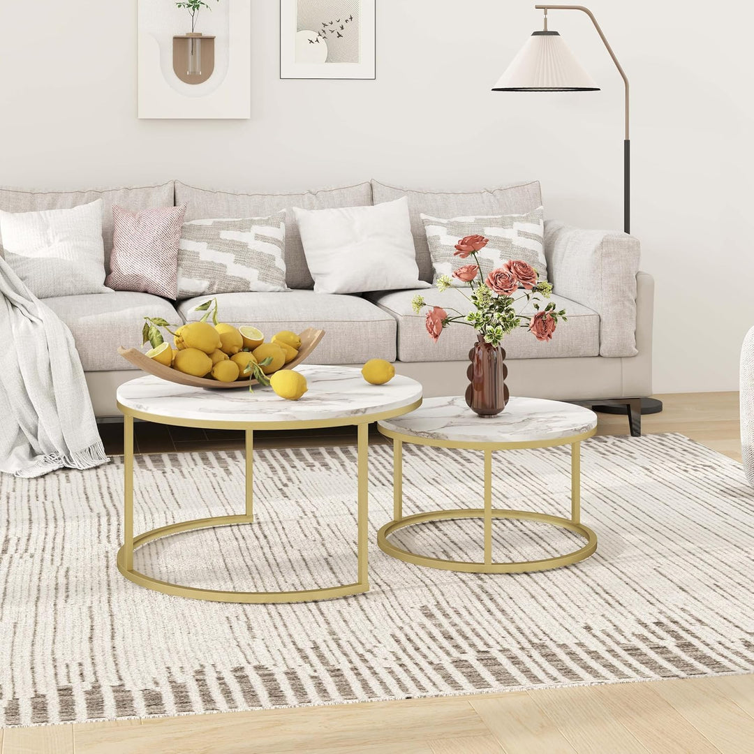 Marmor Couchtisch Gold, Couchtisch 2er Set mit 1 Grosser Couchtisch Rund und 1 Kleiner Tisch, Beiste