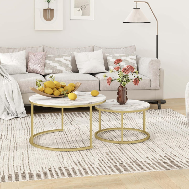 Marmor Couchtisch Gold, Couchtisch 2er Set mit 1 Grosser Couchtisch Rund und 1 Kleiner Tisch, Beiste