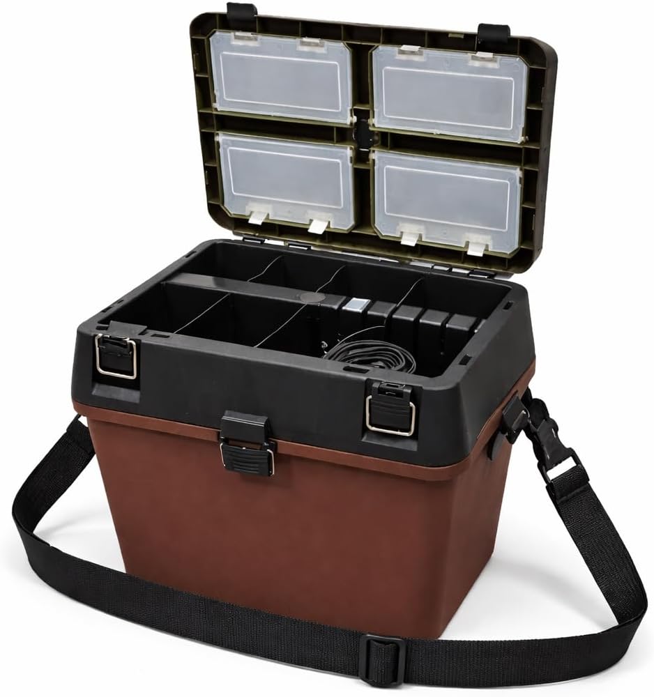 Angelkoffer mit Sitzfunktion mit Seitenbox und Tragegurt, Angelbox mit Organizer-Fächern Angelkoffer