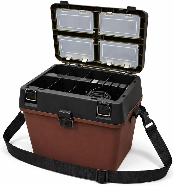 Angelkoffer mit Sitzfunktion mit Seitenbox und Tragegurt, Angelbox mit Organizer-Fächern Angelkoffer