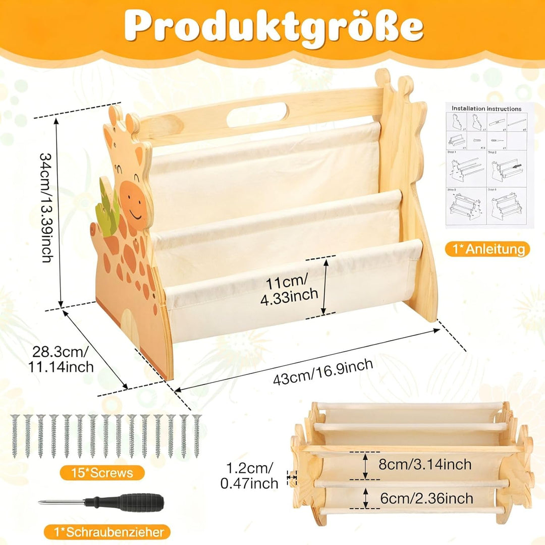 Bücherregal Kinder Holz Doppelseitig 4-spaltige 43x34x28,3cm Kinderbücherregal Klein mit Griff Monte