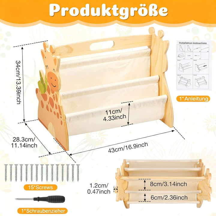 Bücherregal Kinder Holz Doppelseitig 4-spaltige 43x34x28,3cm Kinderbücherregal Klein mit Griff Monte