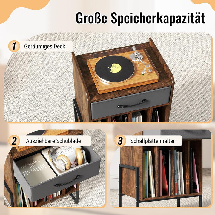 COSTWAY Plattenspieler Ständer, Schallplatten Regal mit Faltbarer Stoffschublade &amp; 4 Fächern bis zu