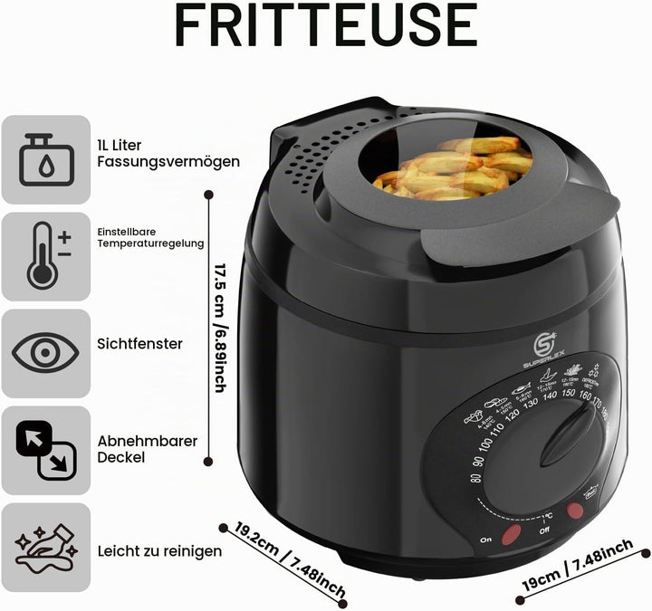 Friteuse mit Fett 1L Elektrische 950W Kompakte Mini Fritteuse Öl mit Temperaturregelung Edelstahl Fi