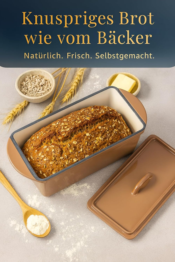 Brotbackform mit Deckel Gusseisen 3L – 28cm – Rechteckiger Bräter für Kastenbrot & Sauerteig – Email