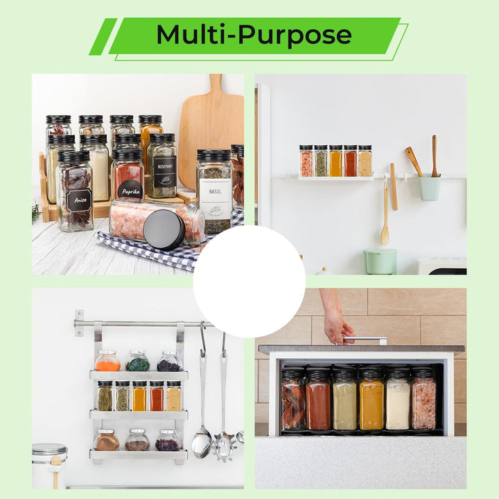 24 Premium Glass Spice Jars (4oz/120ml) with Black Metal Lids - Complete Set with Spice Labels, Shak