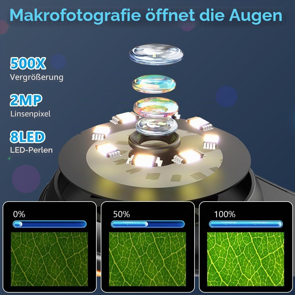 Adiwo Handy-Mikroskop für Kinder, Mini-Mikroskop draussen Schwarz, Tragbares Mikroskop 3 Stufen eins