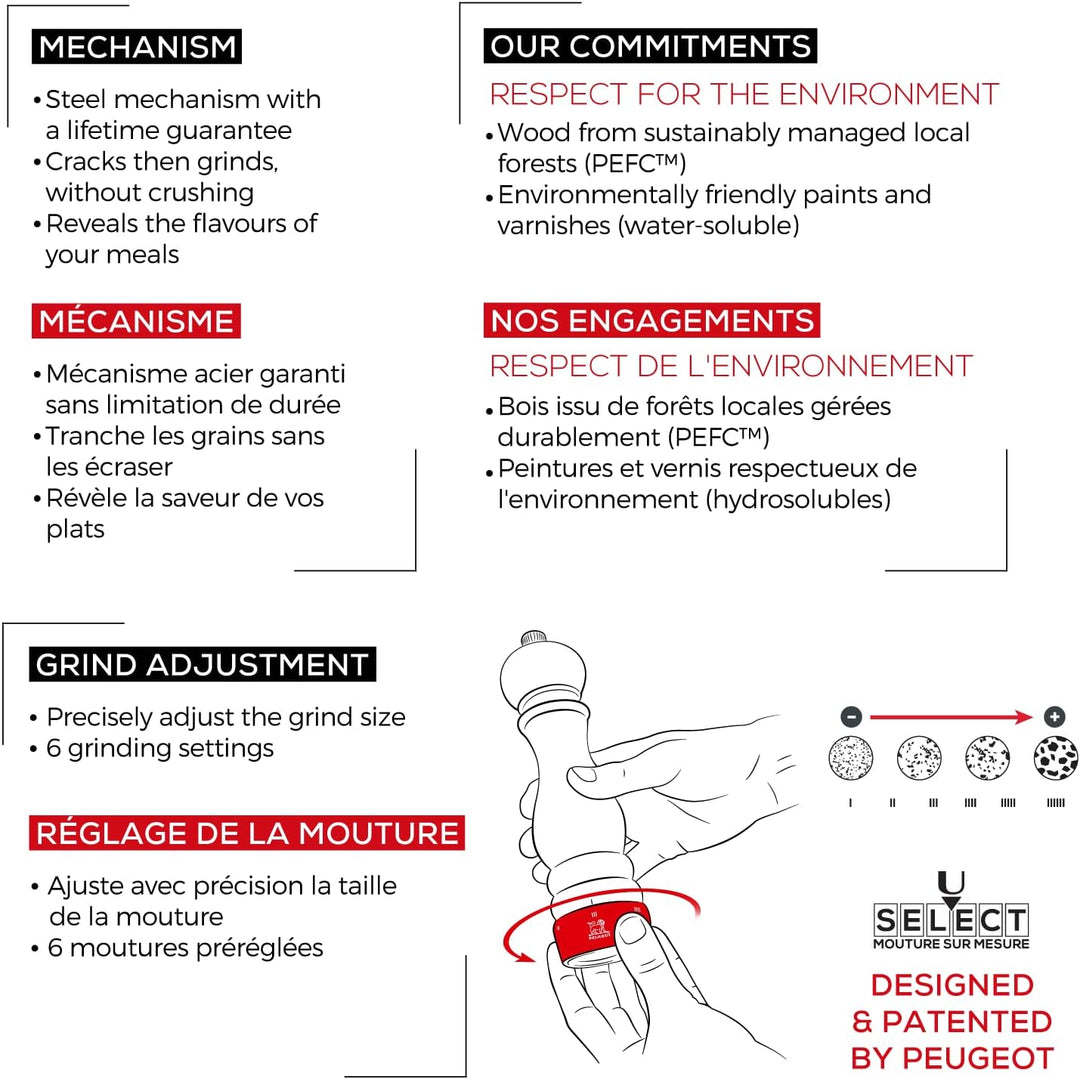 PEUGEOT - Paris u'Select 18 cm Pepper and Salt Mill Set - 6 Predefined Grind Settings - Powdered Sal