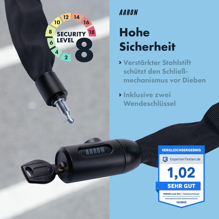 AARON Lock One Fahrradschloss mit Schlüssel, Kettenschloss aus Stahl und hoher Sicherheitsstufe, Sch