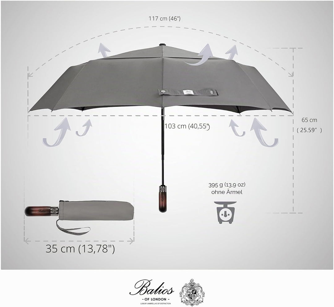 Balios® Regenschirm mit echtem Holzgriff | Auf Zu Automatik | Sturmfest & Windsicher | Damen & Herre