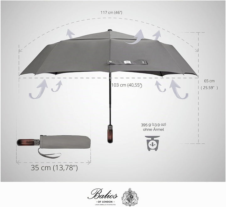 Balios® Regenschirm mit echtem Holzgriff | Auf Zu Automatik | Sturmfest & Windsicher | Damen & Herre