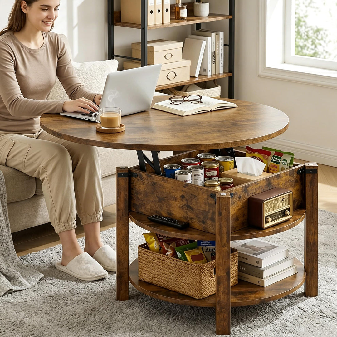 ELUCHANG Couchtisch Rund mit Hebeplatte, Couchtisch Höhenverstellbarer 2 in 1, Beistelltisch Wohnzim