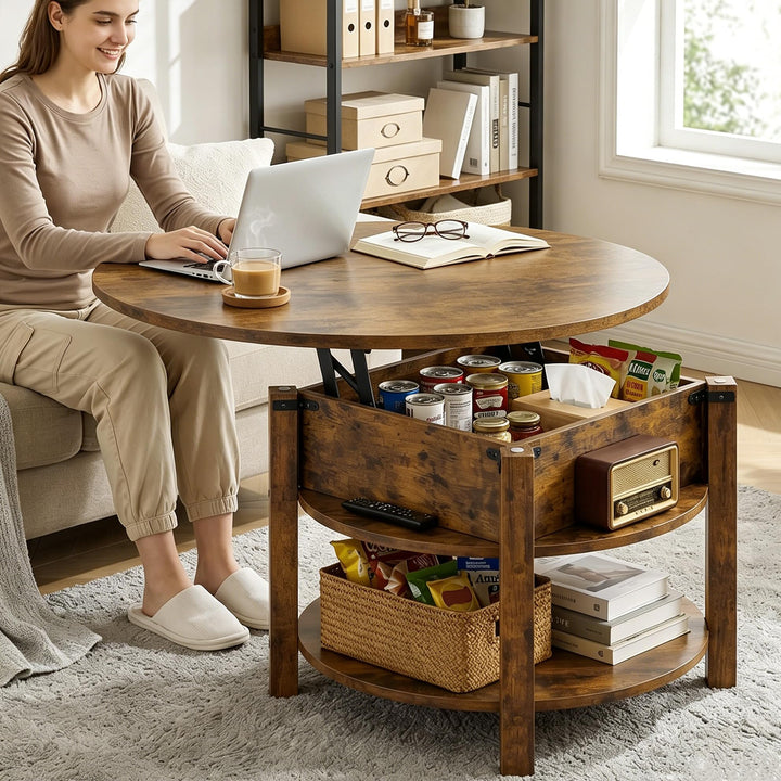 ELUCHANG Couchtisch Rund mit Hebeplatte, Couchtisch Höhenverstellbarer 2 in 1, Beistelltisch Wohnzim