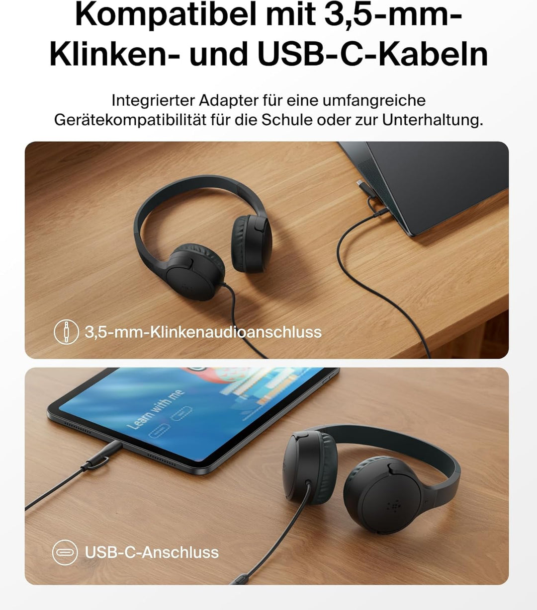 Belkin SoundForm Kopfhörer Kinder mit Kabel, USB-C auf 3,5-mm-Klinken Dongle, integriertes Mikrofon,